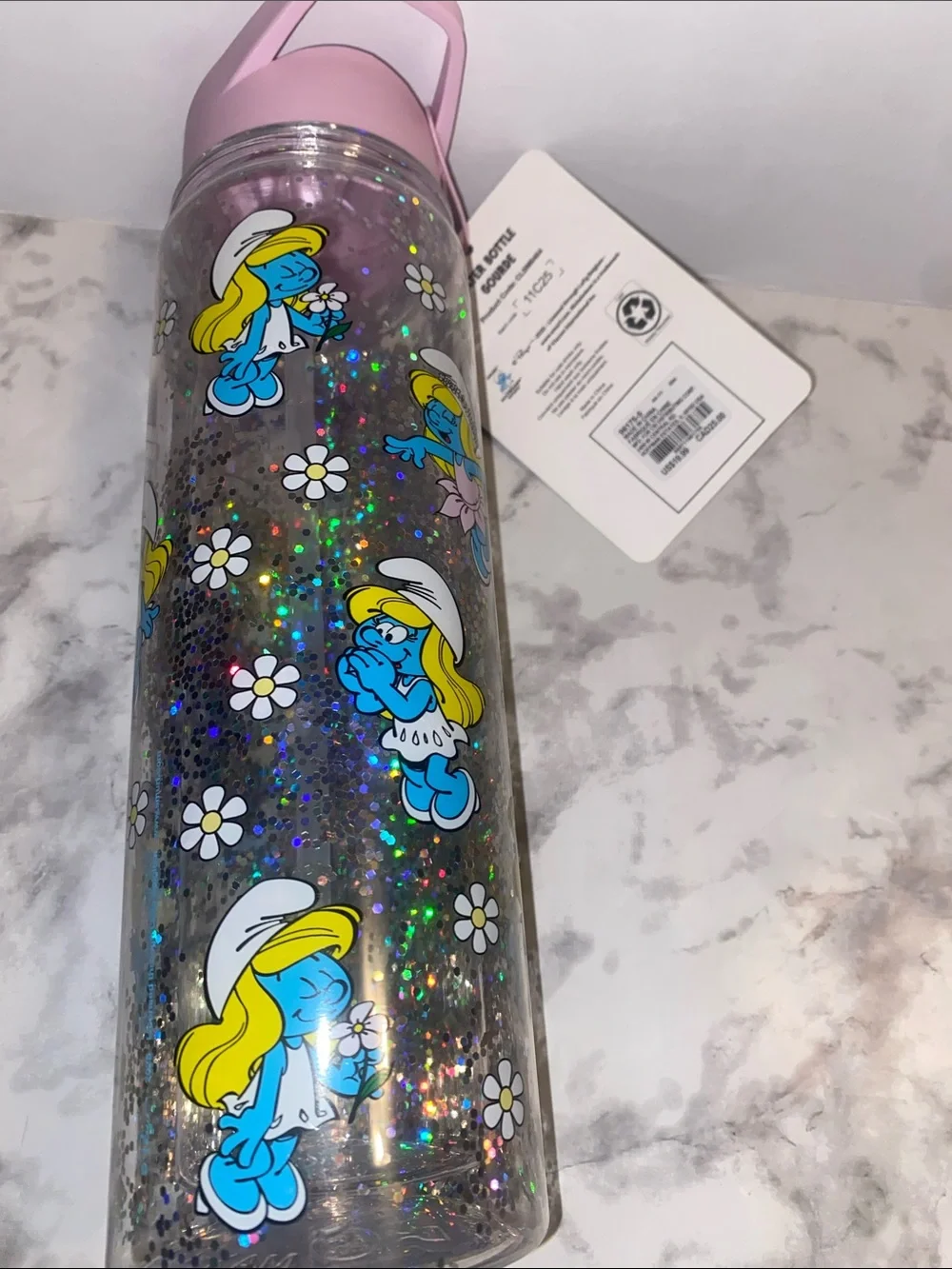 Claire's Pink Smurf Glitter Flip Straw Water Bottle